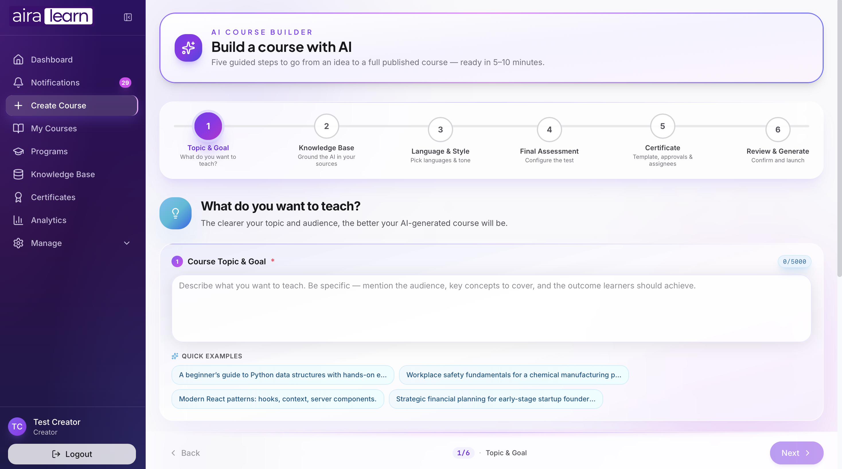 Aira Creator UI Dashboard