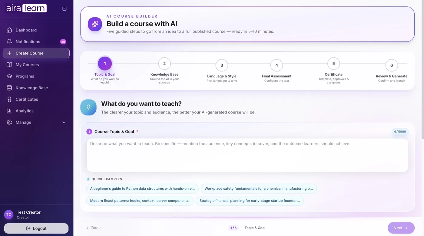 Aira Creator UI Dashboard